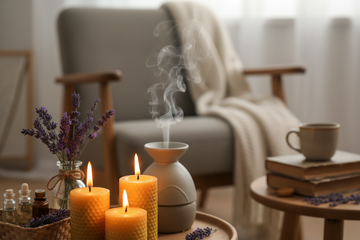 Local beekeeper tending hive with beeswax candles in natural setting