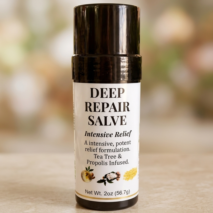 A 2-ounce black twist-up tube of Deep Repair Salve resting on a light-colored surface against a soft, blurred background. The white label features bold black text reading "DEEP REPAIR SALVE," with subtext that says "Intensive Relief," "A intensive, potent relief formulation," and "Tea Tree & Propolis Infused," accompanied by small graphics of botanical ingredients near the bottom.