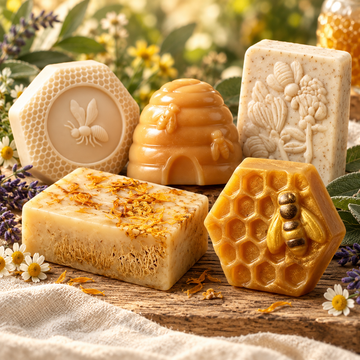 Five handcrafted Texas Bee soaps with bee, honeycomb, floral, beehive, and loofah designs, arranged on wood with chamomile and lavender.