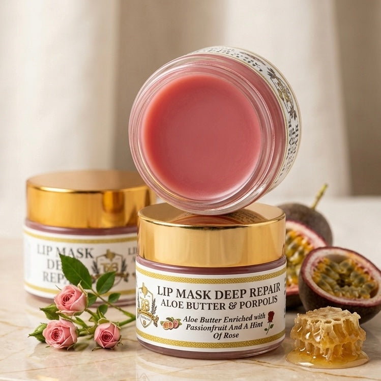 Three jars of lip mask deep repair balm are arranged on a marble surface with flowers, passionfruit, and honeycomb. The front-center jar is open, showing pink balm inside, with two closed gold-lidded jars behind it.