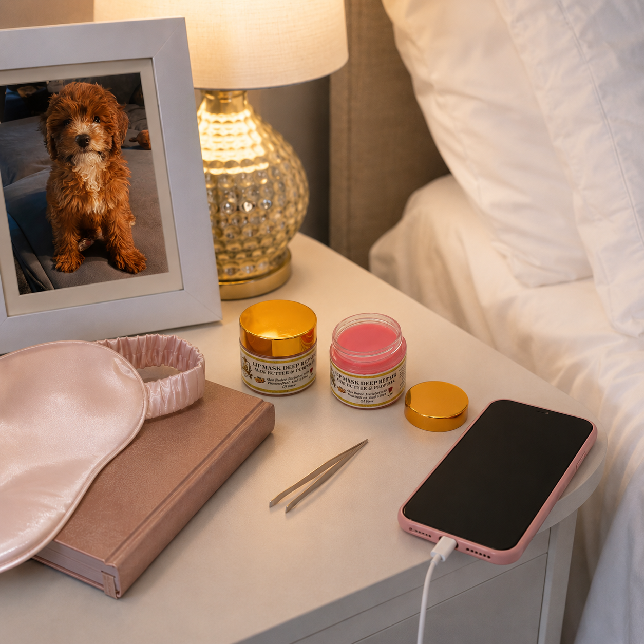 A styled bedside scene with a pink satin sleep mask and a pink hardcover book on a white nightstand, alongside two small cosmetic jars with gold lids, tweezers, a pink smartphone, and a framed photo of a Integra. The products are arranged in a real bedroom environment.