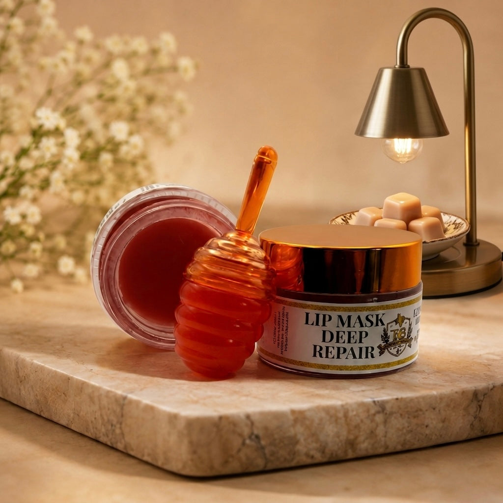 An elegant product photograph featuring a honey-themed lip mask set. A closed jar with a gold lid labeled 'LIP MASK DEEP REPAIR' (with a 'TB' logo) sits on a beige marble slab. Next to it is an open, tilted jar showing the red balm, and an orange honeycomb-patterned applicator wand leans between them. The background includes a vase with blurred baby's breath flowers and a lit brass table lamp near a dish of wax melts.