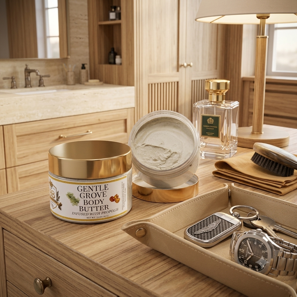 A detailed product shot on a wooden vanity features a jar of propolis-infused Gentle Grove Body Butter with a gold lid and botanical label. An open jar next to it contains the creamy grayish-beige butter. To the right, a tan leather valet tray holds a silver Bentley key fob, keys, and a stainless steel wristwatch. In the warm-lit, upscale bathroom background are a lamp, a bottle of Creed Green Irish Tweed cologne, and light wood cabinets with a mirror.