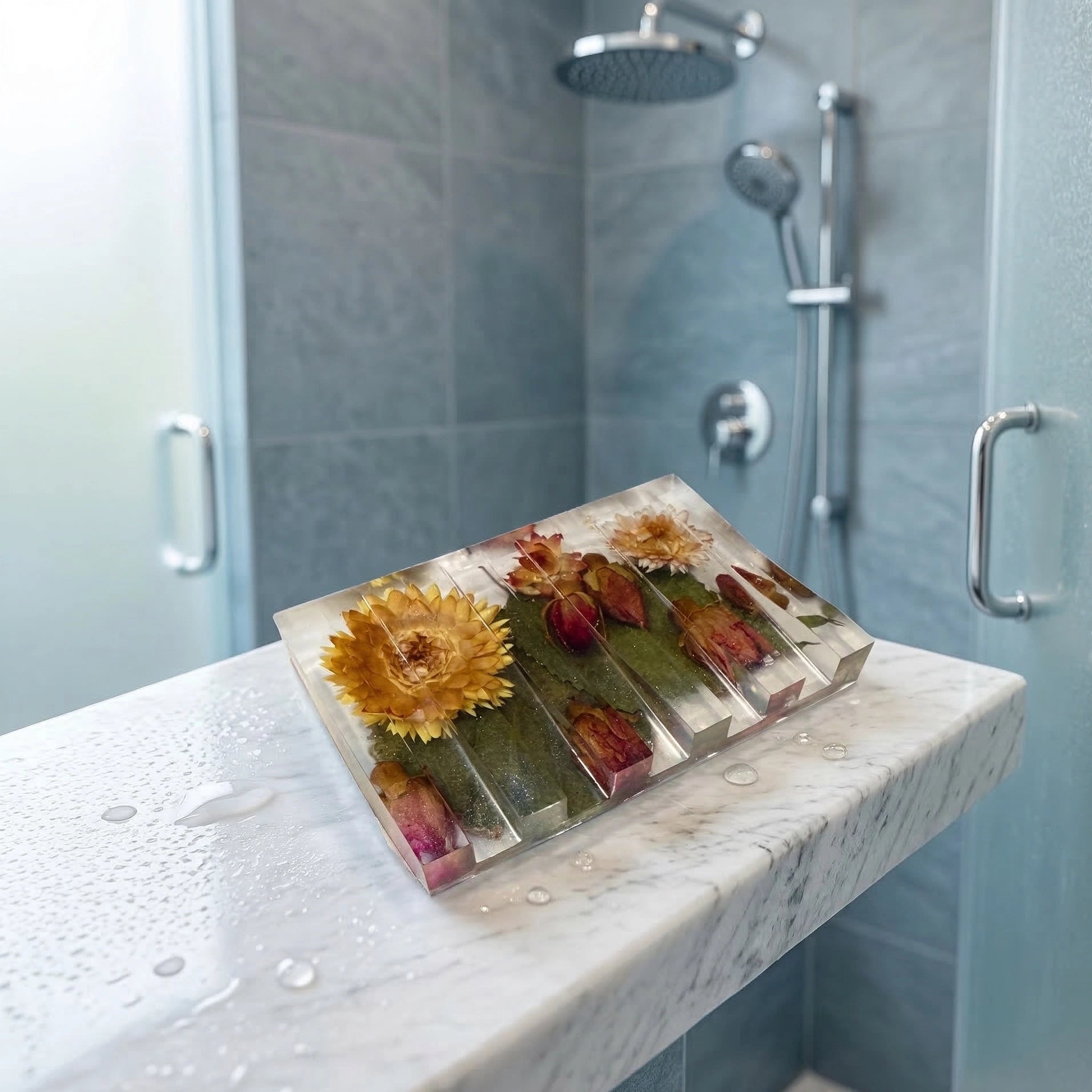 A slatted rectangular shower steamer tray made of clear resin containing embedded dried flowers, including a prominent yellow blossom and red rosebuds. The tray rests on a wet marble ledge with a modern tiled shower and silver fixtures in the background.