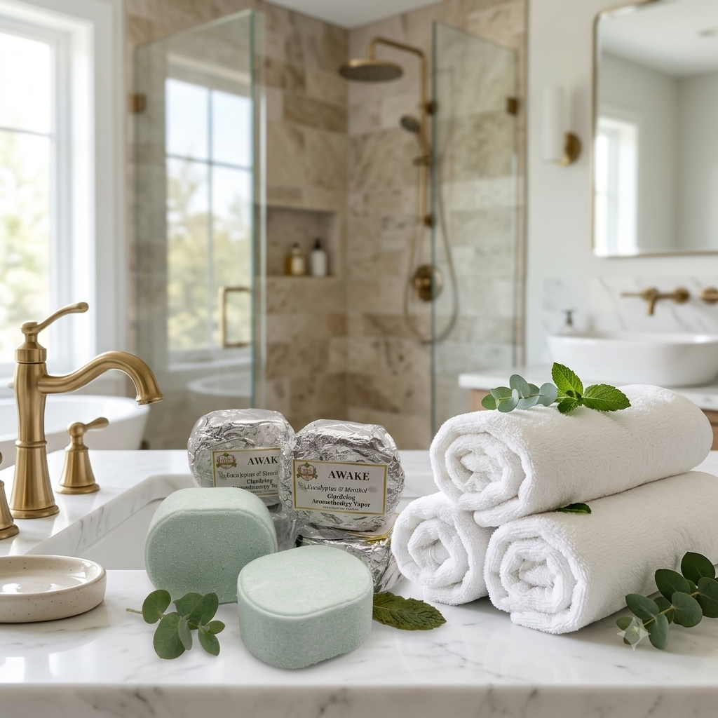 Two unwrapped, light green shower steamers and four foil-wrapped shower steamers with labels reading  Texas Bee "AWAKE" resting on a white marble vanity next to a stack of three rolled white spa towels. Sprigs of fresh eucalyptus and mint leaves are arranged around the products. The background features a luxurious, softly lit bathroom with a brass faucet, a white basin, and a glass-enclosed shower with natural stone tile.
