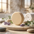 A single unwrapped pale orange shower steamer stands upright on a round marble tray, with steam gently rising from its top edge. It is surrounded by fresh purple lavender sprigs, green eucalyptus leaves, smooth grey spa stones, and small water droplets. The softly blurred, sunlit bathroom background features a rolled white spa towel and warm light shining through a window.