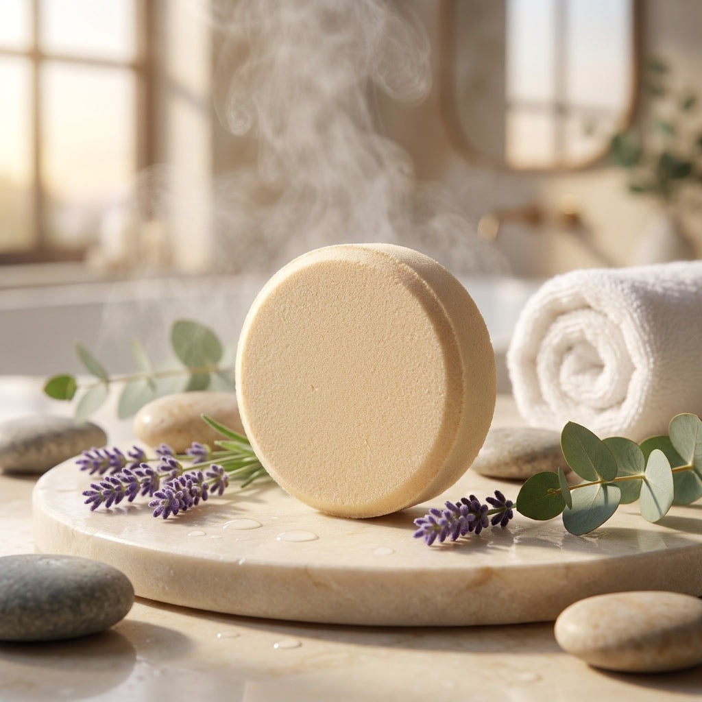 A single unwrapped pale orange shower steamer stands upright on a round marble tray, with steam gently rising from its top edge. It is surrounded by fresh purple lavender sprigs, green eucalyptus leaves, smooth grey spa stones, and small water droplets. The softly blurred, sunlit bathroom background features a rolled white spa towel and warm light shining through a window.