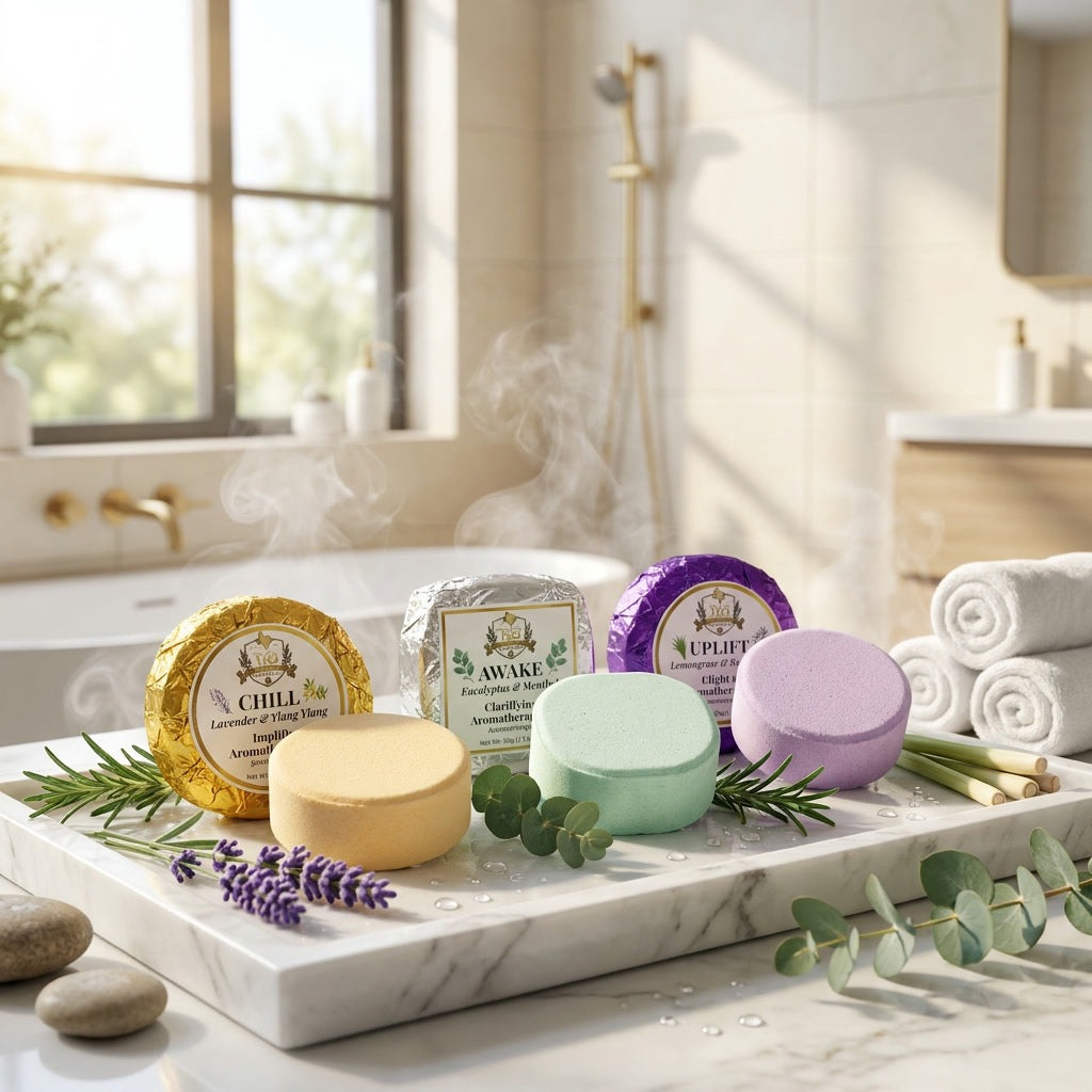 Three different varieties of shower steamers displayed on a white marble tray with water droplets and visible steam rising around them. From left to right: a gold foil-wrapped "CHILL" steamer beside an unwrapped pale orange steamer and fresh lavender sprigs; a silver foil-wrapped "AWAKE" steamer beside an unwrapped light green steamer and fresh eucalyptus; and a purple foil-wrapped "UPLIFT" steamer beside an unwrapped pale purple steamer and lemongrass stalks. The background reveals a warmly lit, spa-like b