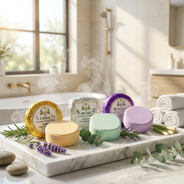 Three different varieties of shower steamers displayed on a white marble tray with water droplets and visible steam rising around them. From left to right: a gold foil-wrapped "CHILL" steamer beside an unwrapped pale orange steamer and fresh lavender sprigs; a silver foil-wrapped "AWAKE" steamer beside an unwrapped light green steamer and fresh eucalyptus; and a purple foil-wrapped "UPLIFT" steamer beside an unwrapped pale purple steamer and lemongrass stalks. The background reveals a warmly lit, spa-like b