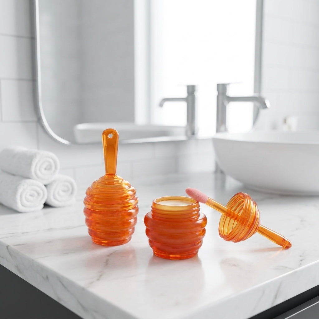 Two translucent orange, honeycomb-shaped jars of Texas Bee Lip Mask Deep Repair resting on a white marble vanity in a bright, modern bathroom. One jar is closed, while the other is open, displaying the lip mask inside with its pink-tipped applicator wand resting gently on the edge. In the softly blurred background, there are three rolled white hand towels, a modern faucet, and a white sink.