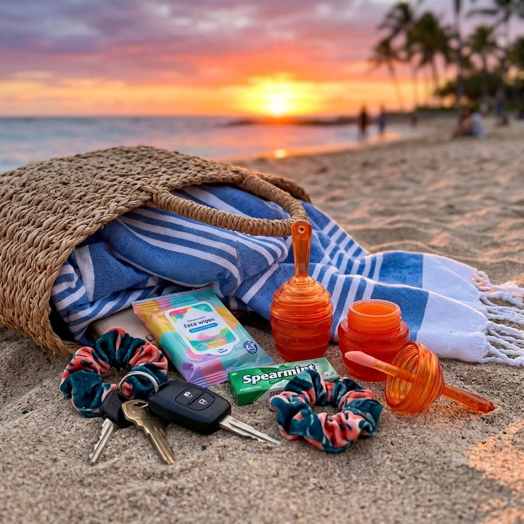 A woven beach bag rests on the sand at sunset with a blue and white striped towel spilling out. Scattered nearby are beach essentials including keys on a floral scrunchie, face wipes, spearmint gum, and two translucent orange, honeycomb-shaped jars of Texas Bee Lip Mask Deep Repair. One jar is closed, and the other is open with its applicator wand resting on the sand, illuminated by the warm, golden sunset over the ocean.