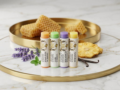 Four tubes of Texas Bee Propolis & Beeswax Lip Salve in Tropical Pineapple, Vanilla Mint, Lavender Lemonade, and Natural varieties lined up on a round gold tray, surrounded by natural ingredients including honeycomb, lavender sprigs, fresh mint leaves, a dried pineapple ring, and vanilla bean pods.