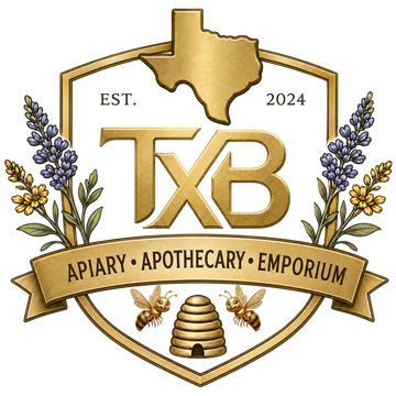 A gold and white shield-shaped logo featuring the letters TXB, a Texas state silhouette, flowers, bees, a beehive, and a banner reading APIARY • APOTHECARY • EMPORIUM.