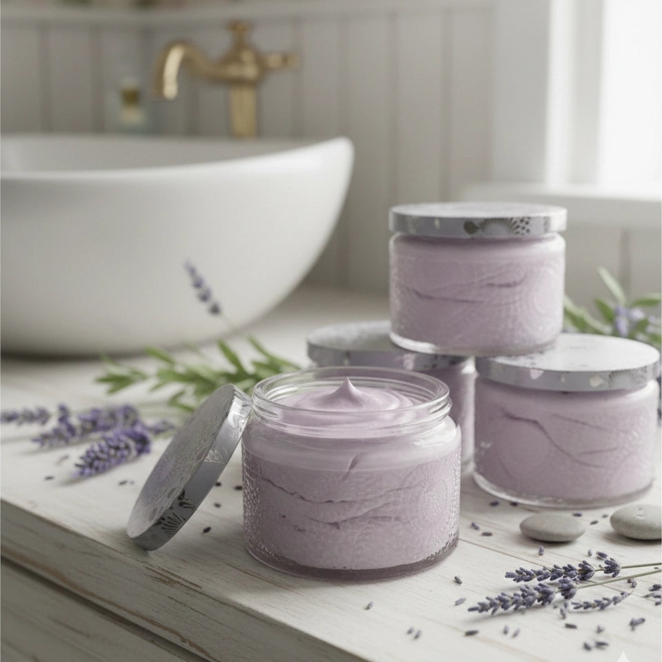 Lavender body care cream by Texas Bee in clear glass jars with silver lids, displayed on a white bathroom vanity with fresh lavender sprigs and a white ceramic sink in the background.