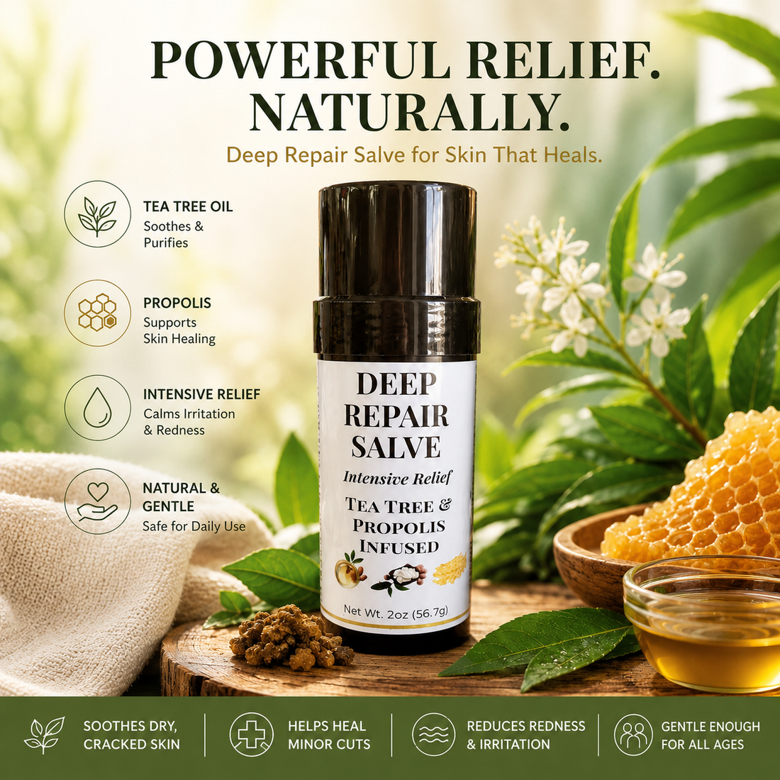 A stick container of Deep Repair Salve with tea tree and propolis, displayed on a rustic wooden slice alongside honeycomb, liquid honey, and raw propolis chunks against a bright, leafy outdoor background.