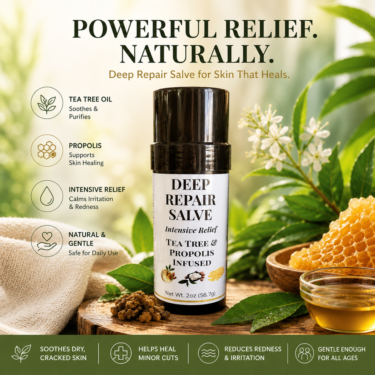 A stick container of Deep Repair Salve with tea tree and propolis, displayed on a rustic wooden slice alongside honeycomb, liquid honey, and raw propolis chunks against a bright, leafy outdoor background.