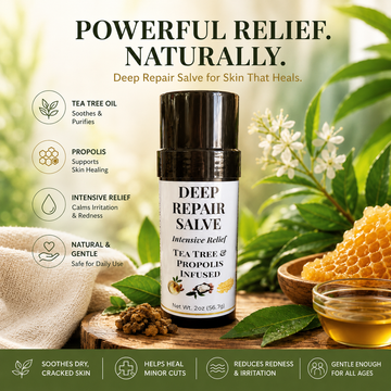 A stick container of Deep Repair Salve with tea tree and propolis, displayed on a rustic wooden slice alongside honeycomb, liquid honey, and raw propolis chunks against a bright, leafy outdoor background.