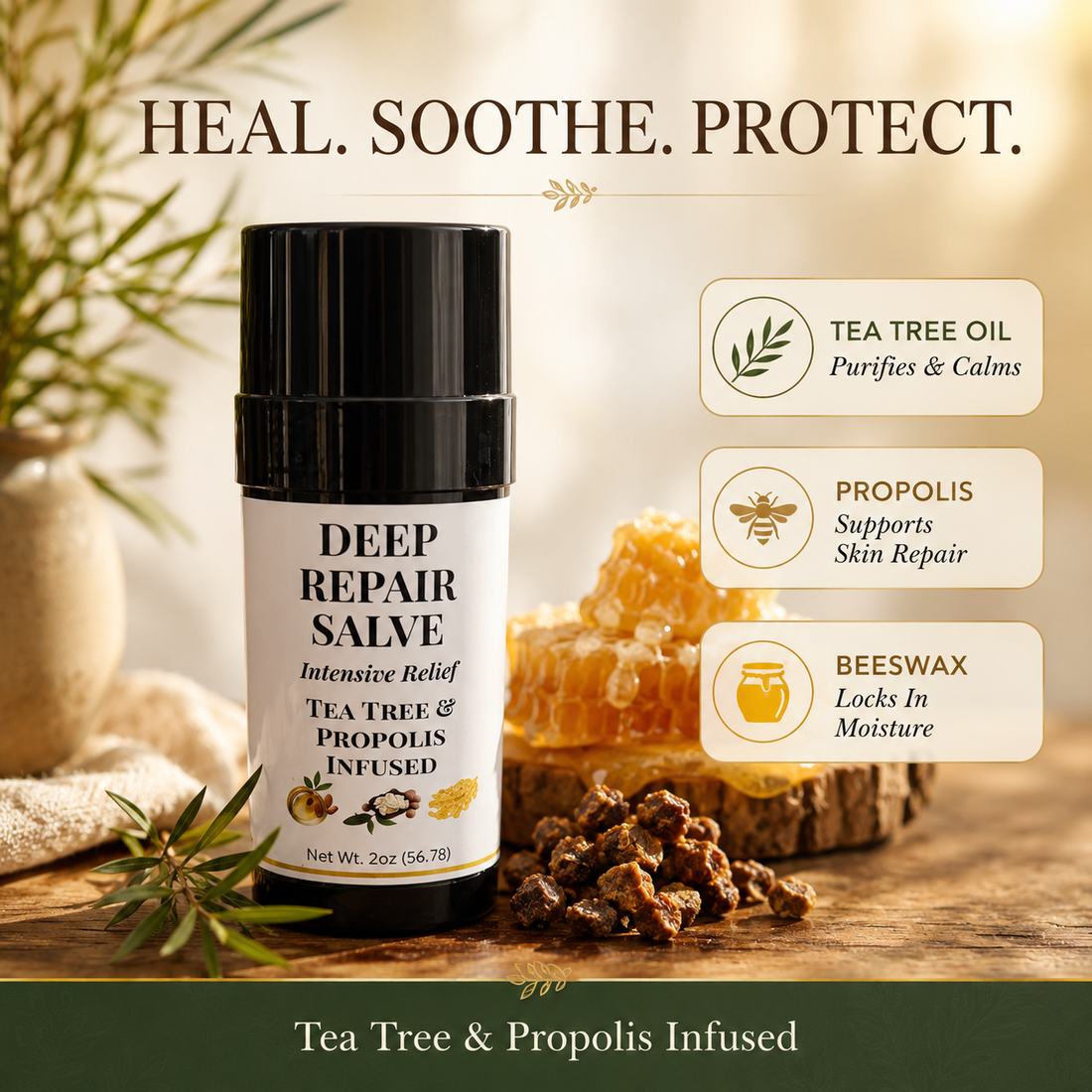 A stick container of Deep Repair Salve with tea tree and propolis, displayed on a rustic wooden slice alongside honeycomb, liquid honey, and raw propolis chunks against a bright, leafy outdoor background.