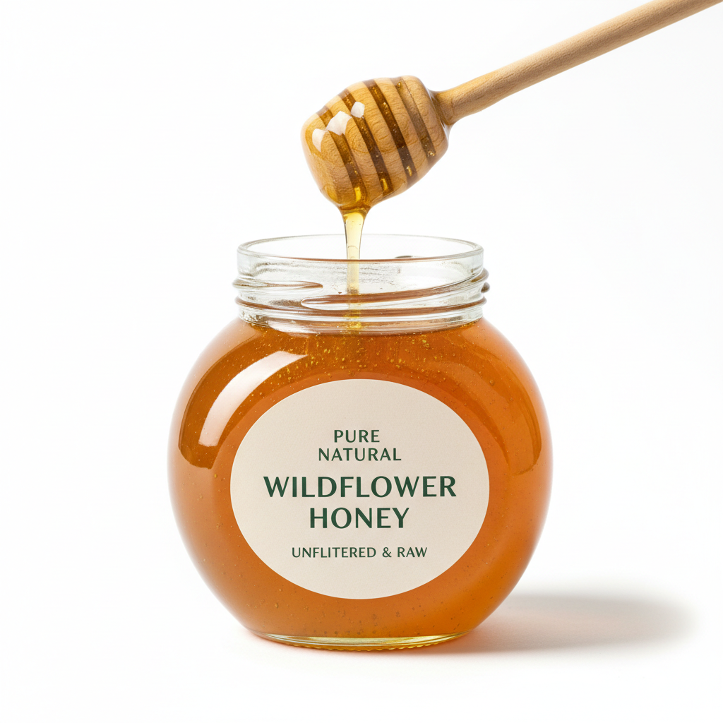 Raw wildflower honey in glass jar