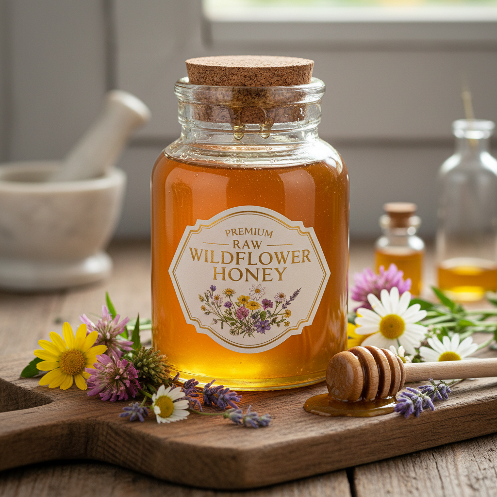 Raw Wildflower Honey in a glass jar surrounded by wildflowers