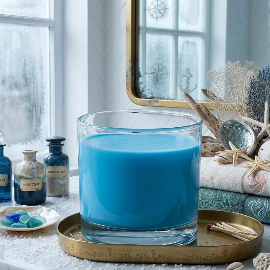 A large clear glass jar filled with vibrant sky-blue wickless aromatic wax sits on an engraved brass tray. The coastal bathroom setting features sea-inspired accents including starfish, seashells, a piece of driftwood, folded towels, small decorative bottles labeled "Maritime" and "Driftwood", and loose sea glass near a frosted window.