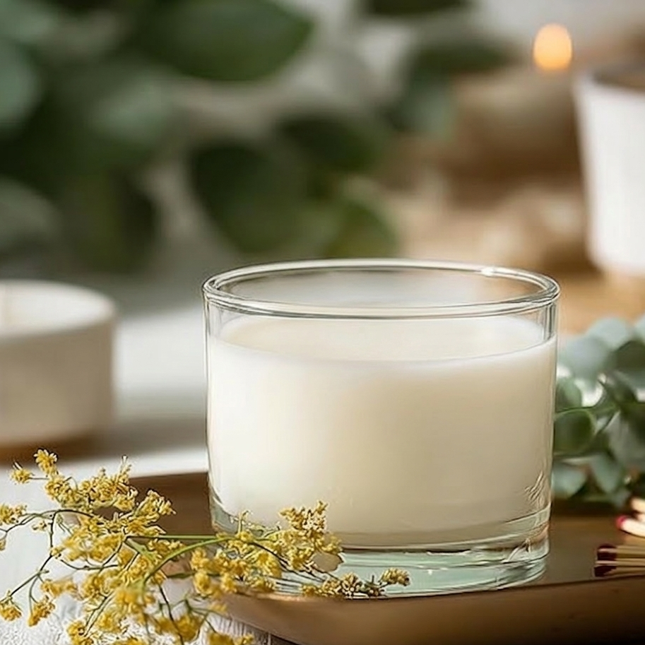 A Texas Bee PureBee Aromatic Wickless Vessel in the HoneyBee scent, featuring smooth cream-colored wax infused with pure honey fragrance oil inside a clear glass jar. The wickless vessel rests on a warm metallic tray alongside a delicate sprig of tiny yellow flowers, matches, and fresh eucalyptus leaves in a softly blurred, cozy setting.