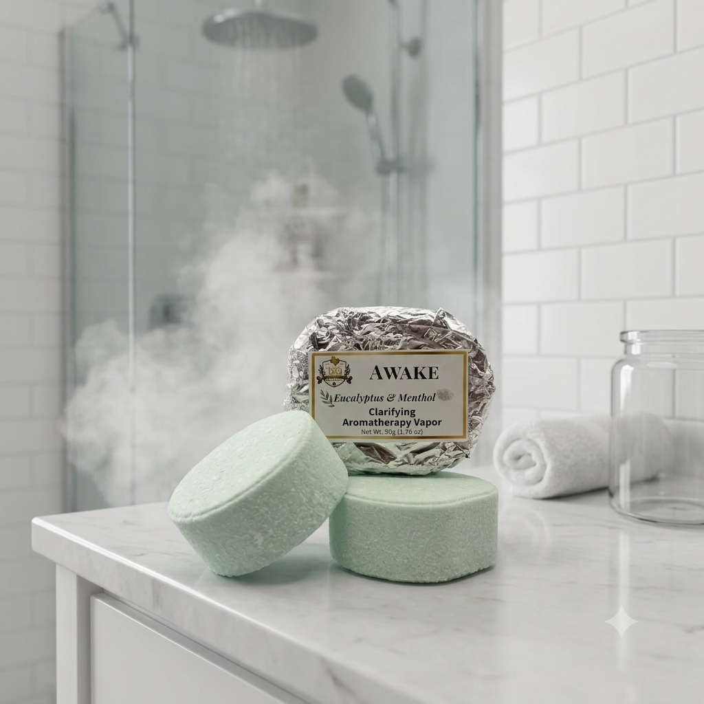 Two round, light green shower steamers with a textured finish rest on a white marble countertop. In the background, a third shower steamer stands upright, wrapped in crinkled silver foil with a vintage Texas Bee label that reads "AWAKE Eucalyptus & Menthol Clarifying Aromatherapy Vapor". A rolled white towel sits nearby. The background features white subway tile and thick steam rising inside a glass-enclosed walk-in shower.