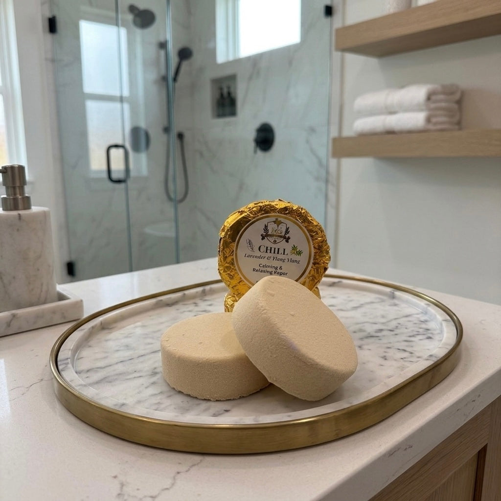 Two unwrapped, cream-colored shower steamers rest in the foreground on an oval marble vanity tray with a gold rim. Behind them, a third steamer stands upright, wrapped in textured gold foil with a vintage Texas Bee label reading "CHILL Lavender & Ylang Ylang Calming & Relaxing Vapor". The bright bathroom background features a white marble counter, a marble soap dispenser, wooden shelves with towels, and a glass-enclosed shower.