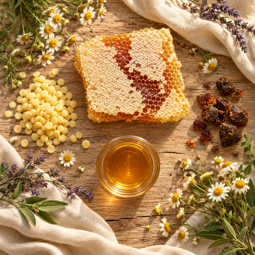 Honeycomb, beeswax pellets, propolis, and a bowl of golden honey arranged on rustic wood with chamomile, lavender, and ivory linen.