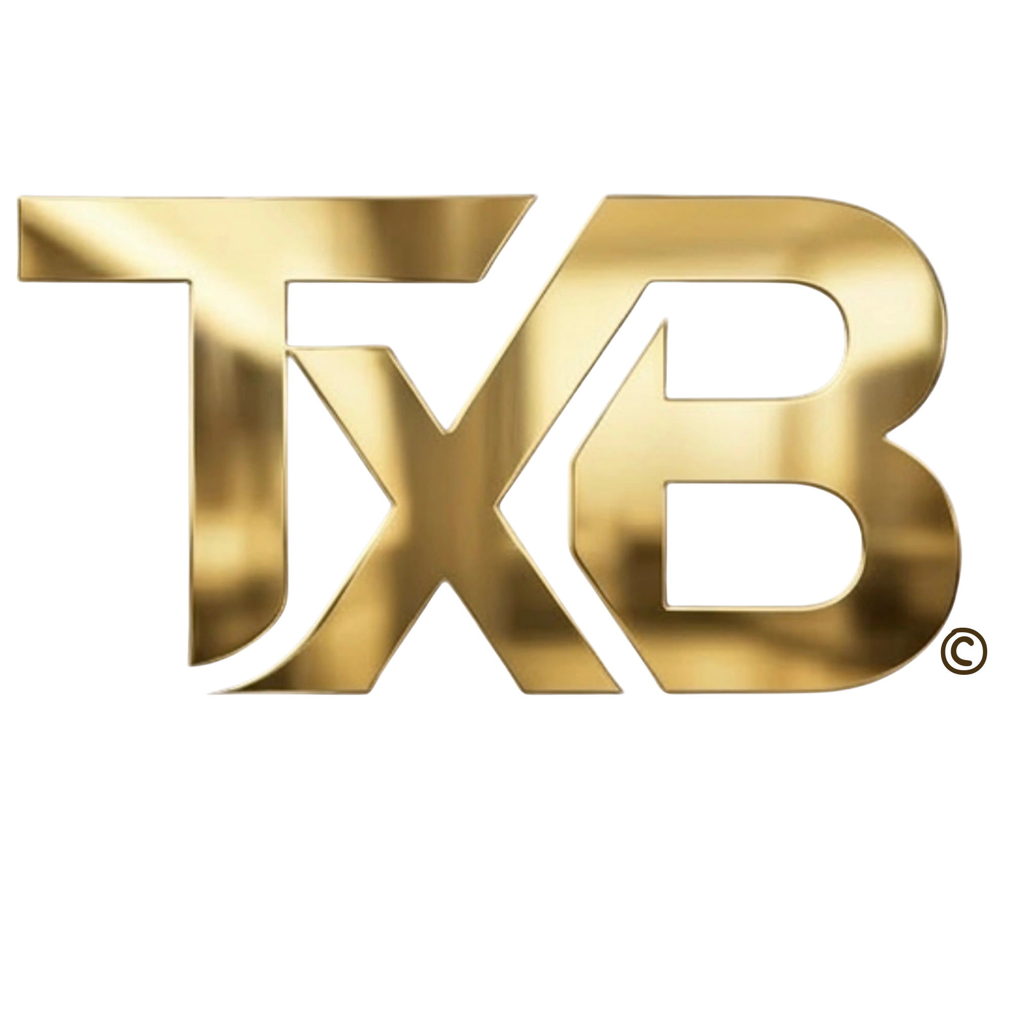 A metallic gold brand logo featuring the interlocking letters "TXB" with a polished, reflective finish and a small copyright symbol, set against a solid white background.