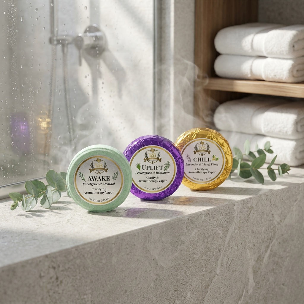 Three Texas Bee shower steamers arranged on a stone ledge. An unwrapped green steamer labeled "AWAKE Eucalyptus & Menthol" sits on the left next to a sprig of eucalyptus. In the center, a steamer is wrapped in purple foil labeled "UPLIFT Lemongrass & Rosemary". On the right, a steamer wrapped in gold foil is labeled "CHILL Lavender & Ylang Ylang". Steam rises in front of a wet glass shower door, with white towels stacked on a shelf behind them.