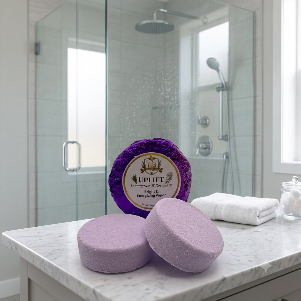 Two round, lavender-colored shower steamers with a compressed texture rest on a white marble vanity countertop. In the background, a third shower steamer stands upright, wrapped in vibrant purple foil with a vintage Texas Bee label reading "UPLIFT Lemongrass & Rosemary Bright & Energizing Vapor". A folded white hand towel and a glass jar sit nearby. The bright bathroom background features a large glass-enclosed shower with a rainfall showerhead.