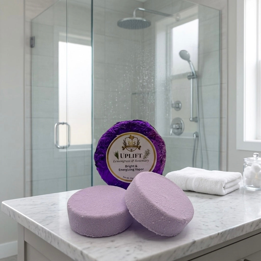 Two round, lavender-colored shower steamers with a compressed, textured finish rest on a white marble countertop. In the background, a third shower steamer stands upright, wrapped in vibrant purple foil with a vintage Texas Bee label that reads "UPLIFT Lemongrass & Rosemary Bright & Energizing Vapor" below a TXB logo. A folded white washcloth sits nearby against a bright bathroom background with a glass shower door.