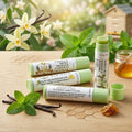 Four tubes of Texas Bee Vanilla Mint Propolis & Beeswax Lip Salve arranged on an etched wooden surface. One tube stands upright and uncapped to reveal the green balm, while the others display the label details highlighting ingredients like sweet almond oil, vanilla, mint, and golden honey. The scene is styled with fresh mint leaves, vanilla beans, a small chunk of raw propolis, and a mini jar of honey, with blooming vanilla orchids and a wooden beehive blurred in the sunlit background.