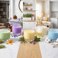 A line of five colorful Texas Bee PureBee Aromatic Wickless Vessels—in shades of green, purple, yellow, cream, and blue—displayed on a marble countertop. Each vessel is styled with unique natural botanical ingredients that match its scent profile and aligns with a vertical background panel depicting a different room in a home, including a study, bathroom, kitchen, living room, and laundry room.