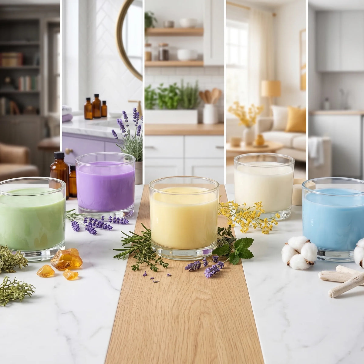 A line of five colorful Texas Bee PureBee Aromatic Wickless Vessels—in shades of green, purple, yellow, cream, and blue—displayed on a marble countertop. Each vessel is styled with unique natural botanical ingredients that match its scent profile and aligns with a vertical background panel depicting a different room in a home, including a study, bathroom, kitchen, living room, and laundry room.